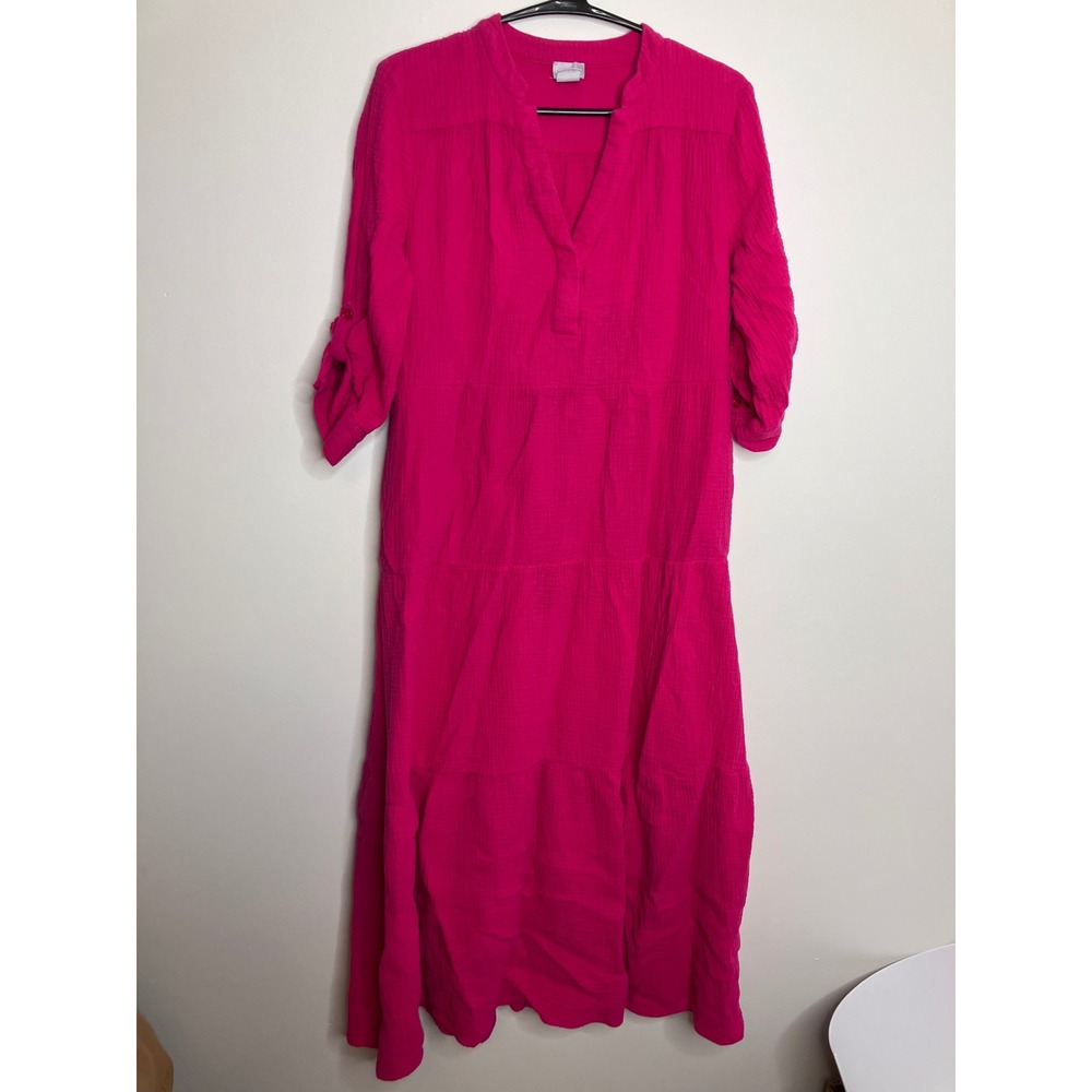 Chico's Tiered Maxi Dress Women 0 Small 4/6 Pink Excellent Cotton Gauze Roll-Tab